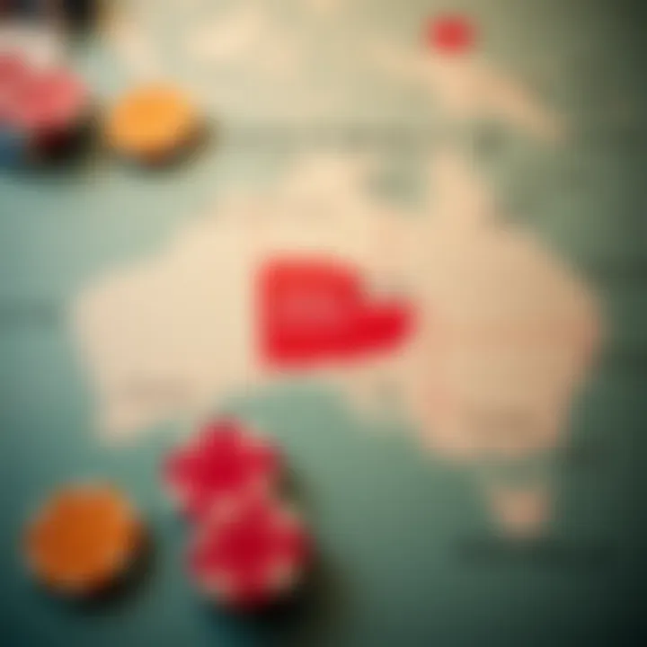 Australian map highlighting legal online gambling zones with poker chips and cards