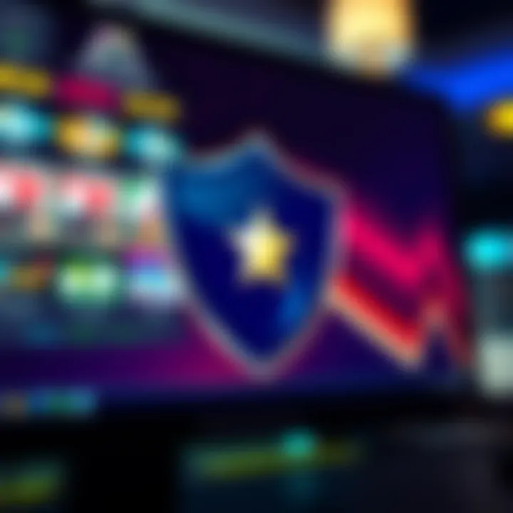 Shield symbol protecting against digital scams on a computer screen