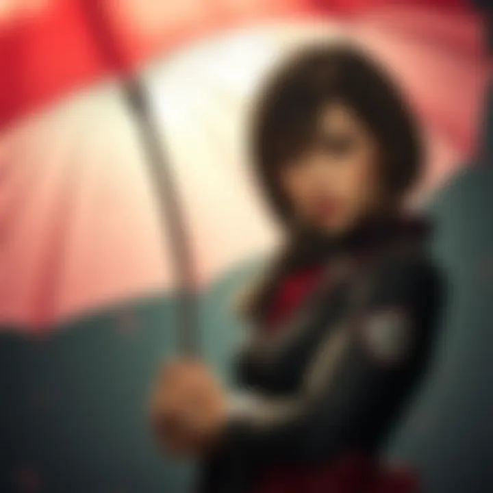 Neo from RWBY displaying her iconic parasol with an intense expression