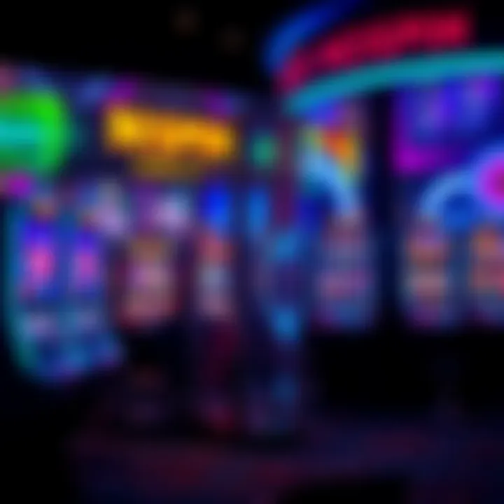 Colorful slot machines and casino games displayed on a digital screen with bright neon lighting