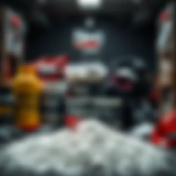 Various containers of Neo Spin Powder displayed alongside safety gear and storage boxes