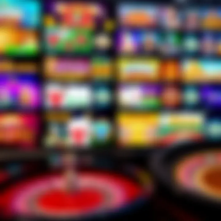 Colorful assortment of casino games including slots, card games, and roulette displayed on a digital screen