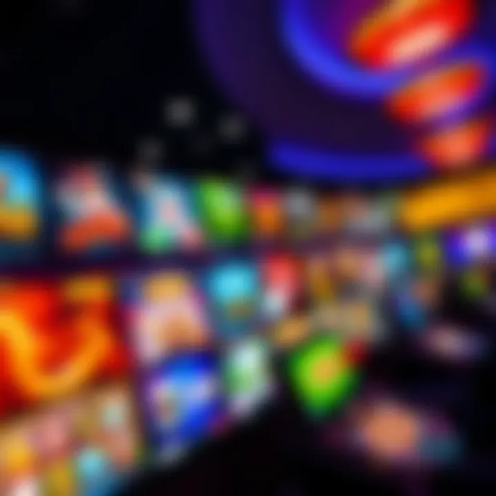 Variety of vibrant online casino games displayed on digital screens