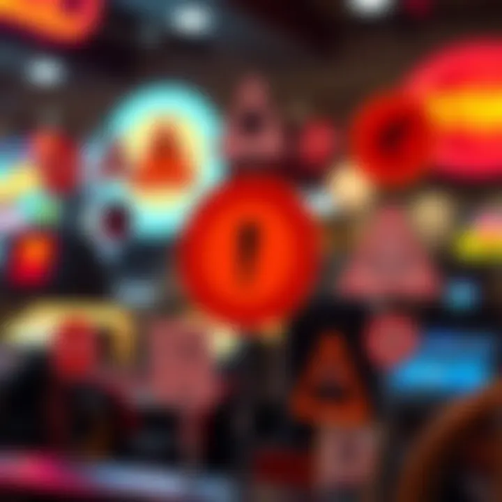 Conceptual graphic depicting warning signs and security symbols related to online scams and financial protection