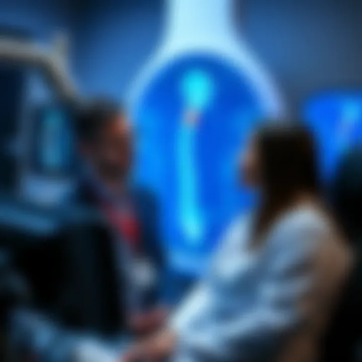 Healthcare professional consulting with patient using advanced diagnostic tools for spinal assessment