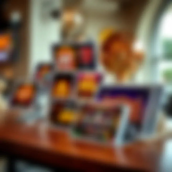 Creative arrangement of printed Neospin photos displayed on a wooden surface with decorative elements