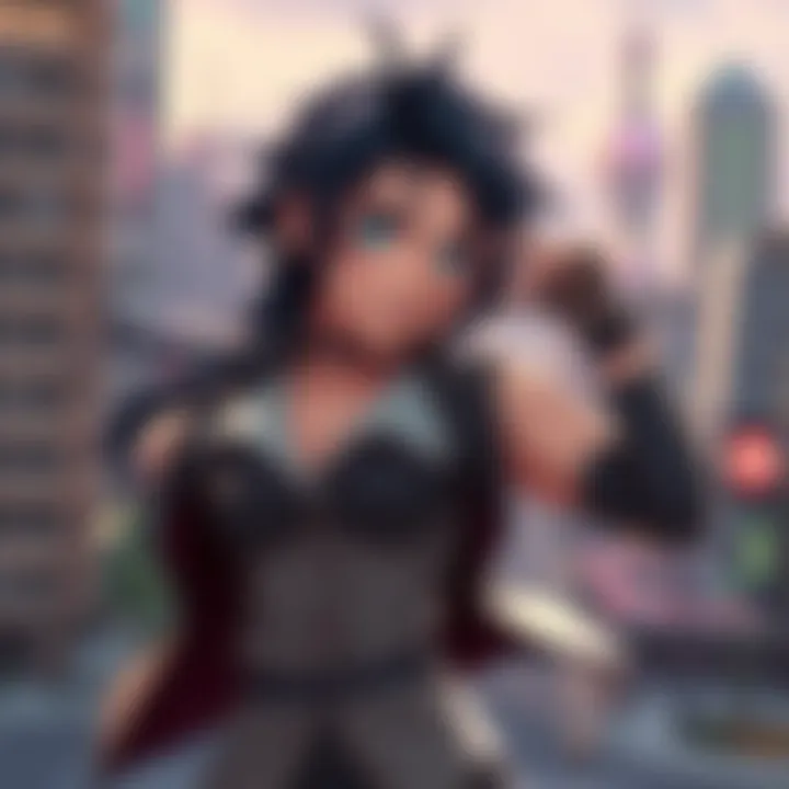Animated character Neo from RWBY in a dynamic pose with a vibrant cityscape background