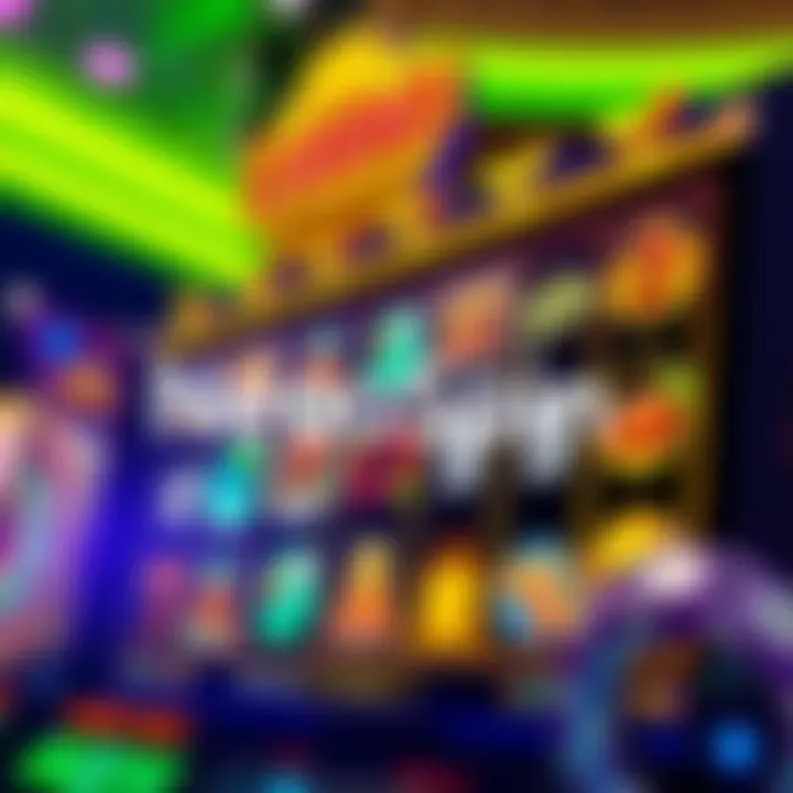 Colorful online casino game interface with spinning reels and various symbols